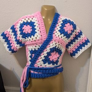 Crochet Wrap Top in Pink, Blue, and White